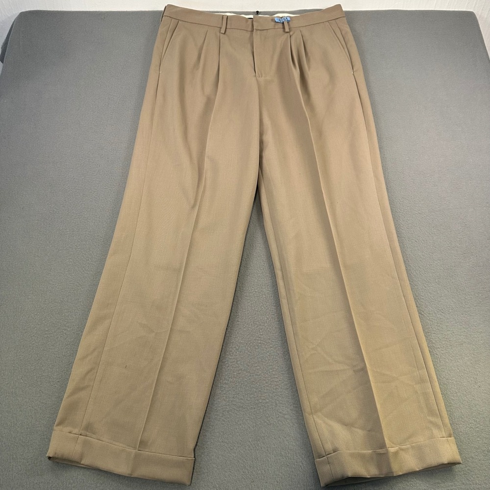 Eddie Bauer Mens 36x32 Tan Wool Pleated Cuffed Dress Pants Classic Fit Khaki